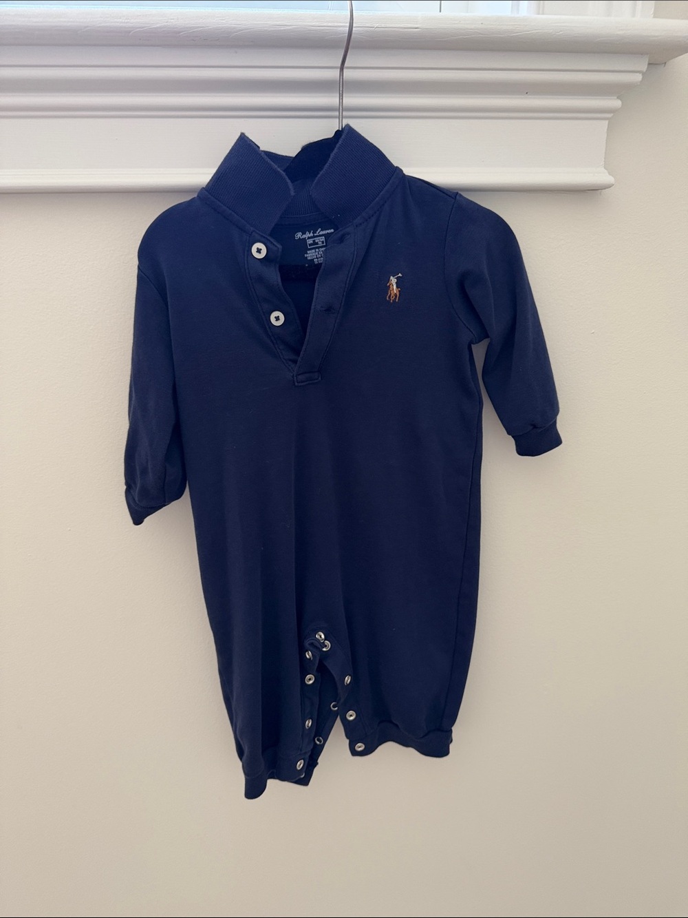 Ralph Lauren Navy Polo Snap Romper with Pony Logo